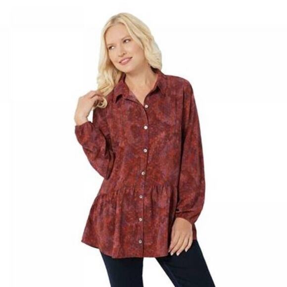 LOGO Lori Goldstein Red Abstract Print Ruffle Hem  Blouse - Picture 6 of 8